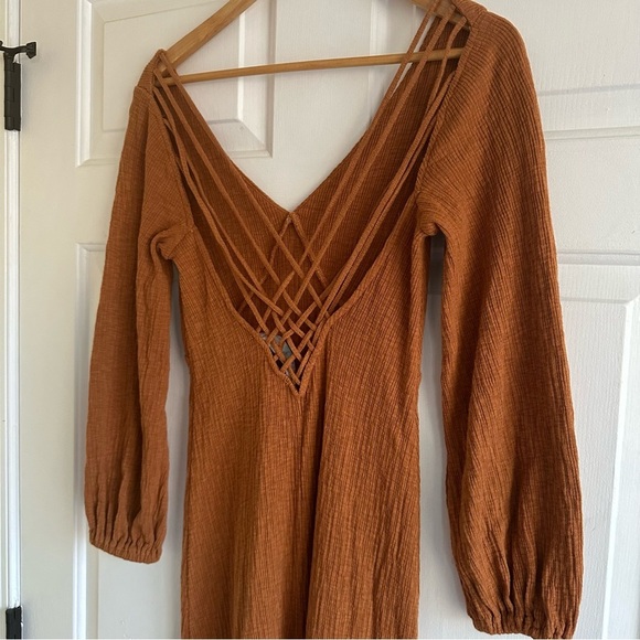 Free People Beach Women’s Small Amalfi Maxi Dress Orange Resort Criss Cross Back - Picture 3 of 8